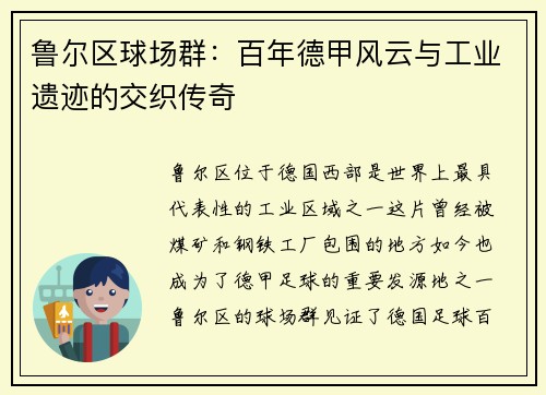 鲁尔区球场群：百年德甲风云与工业遗迹的交织传奇